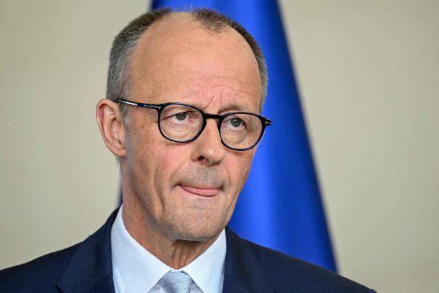 German Chancellor Friedrich Merz addresses a press conference on domestic and foreign policy issues at the Chancellery in Berlin on April 9, 2026. (Photo by RALF HIRSCHBERGER / AFP)