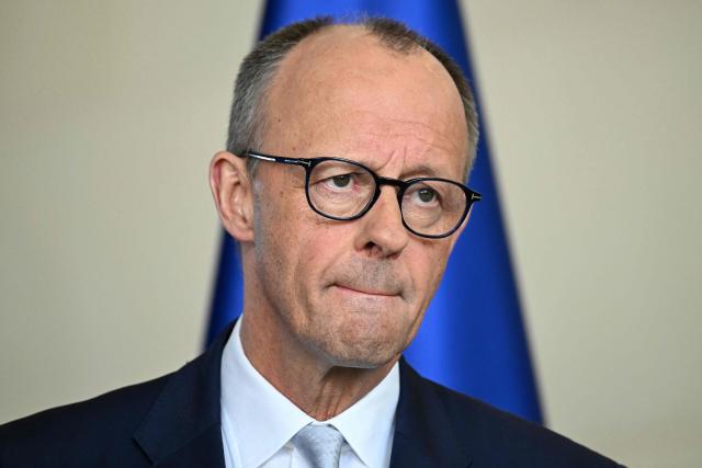 German Chancellor Friedrich Merz addresses a press conference on domestic and foreign policy issues at the Chancellery in Berlin on April 9, 2026. (Photo by RALF HIRSCHBERGER / AFP)