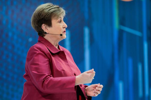 International Monetary Fund (IMF) managing director Kristalina Georgieva delivers a curtain-raiser speech for the 2026 Spring Meetings at IMF headquarters in Washington, DC, on April 9, 2026. (Photo by Kent Nishimura / AFP)