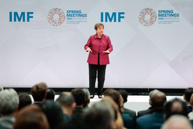 International Monetary Fund (IMF) managing director Kristalina Georgieva delivers a curtain-raiser speech for the 2026 Spring Meetings at IMF headquarters in Washington, DC, on April 9, 2026. (Photo by Kent Nishimura / AFP)