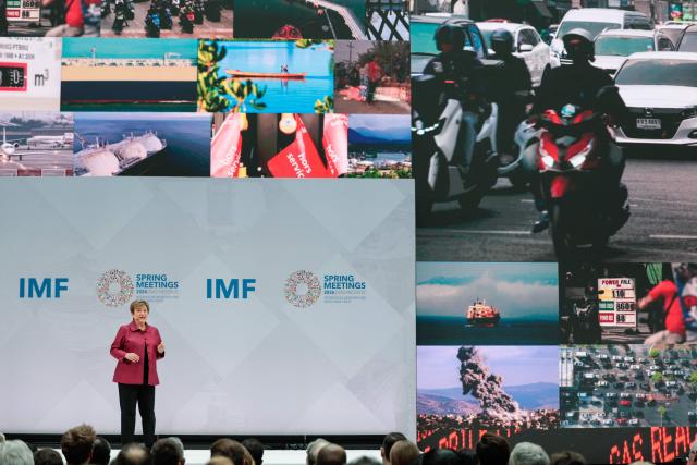 International Monetary Fund (IMF) managing director Kristalina Georgieva delivers a curtain-raiser speech for the 2026 Spring Meetings at IMF headquarters in Washington, DC, on April 9, 2026. (Photo by Kent Nishimura / AFP)