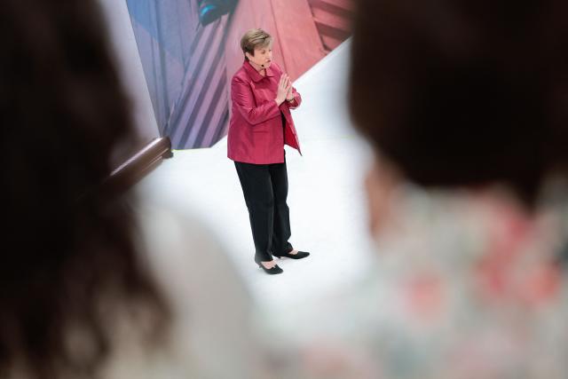 International Monetary Fund (IMF) managing director Kristalina Georgieva delivers a curtain-raiser speech for the 2026 Spring Meetings at IMF headquarters in Washington, DC, on April 9, 2026. (Photo by Kent Nishimura / AFP)