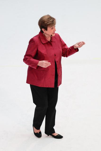 International Monetary Fund (IMF) managing director Kristalina Georgieva delivers a curtain-raiser speech for the 2026 Spring Meetings at IMF headquarters in Washington, DC, on April 9, 2026. (Photo by Kent Nishimura / AFP)