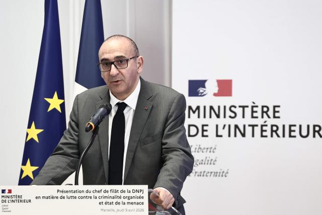 French Interior Minister Laurent Nunez speaks during a press conference at the police station of Marseille's 2nd arrondissement, in Marseille, southeastern France on April 9, 2026. Laurent Nunez officially designated the National Directorate of the Judicial Police (DNPJ) to lead the fight against organized crime, "elevated to the rank of absolute interministerial priority", during a press conference on April 9, 2026, in Marseille. To present his plan, the Minister of the Interior chose Marseille, where the DZ Mafia, a powerful criminal group dominating the drug market in the south, is based. (Photo by Thibaud MORITZ / AFP)