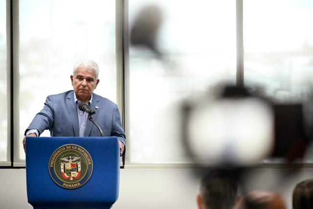 Panama's President Jose Raul Mulino speaks to the media at Balboa port in Panama City on April 9, 2026. Mulino said on April 9, 2026, his country does not want "problems" with China, but neither will it allow the detention of Panamanian-flagged vessels in its ports to be prolonged in retaliation for a dispute with the Hong Kong-based company Hutchison. (Photo by MARTIN BERNETTI / AFP)