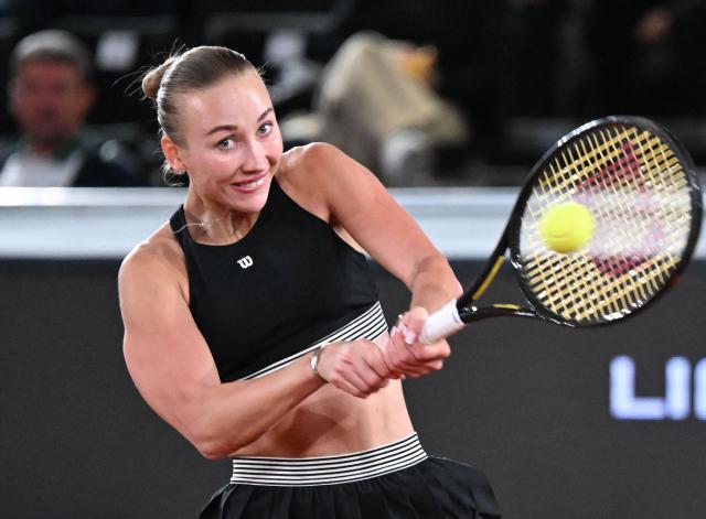 Austria's Anastasia Potapova returns to Germany's Tamara Korpatsch during their women's singles match of the WTA Upper Austria Ladies Linz tennis tournament in Linz, Austria on April 9, 2026. (Photo by BARBARA GINDL / APA / AFP) / Austria OUT