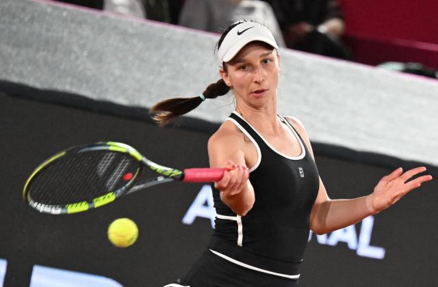 Germany's Tamara Korpatsch returns to Austria's Anastasia Potapova during their women's singles match of the WTA Upper Austria Ladies Linz tennis tournament in Linz, Austria on April 9, 2026. (Photo by BARBARA GINDL / APA / AFP) / Austria OUT