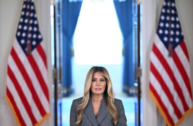US First Lady Melania Trump speaks in the Cross Hall of the White House in Washington, DC, on April 9, 2026, denying any links to the late convicted sex offender Jeffrey Epstein and his abuse. (Photo by Mandel NGAN / AFP)
