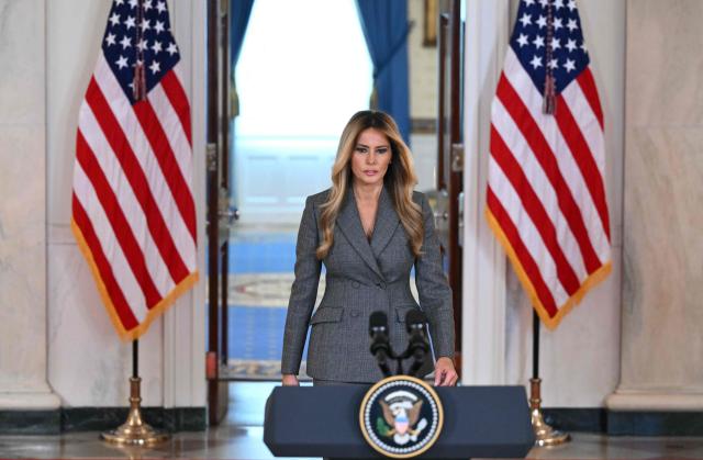 US First Lady Melania Trump speaks in the Cross Hall of the White House in Washington, DC, on April 9, 2026, denying any links to the late convicted sex offender Jeffrey Epstein and his abuse. (Photo by Mandel NGAN / AFP)