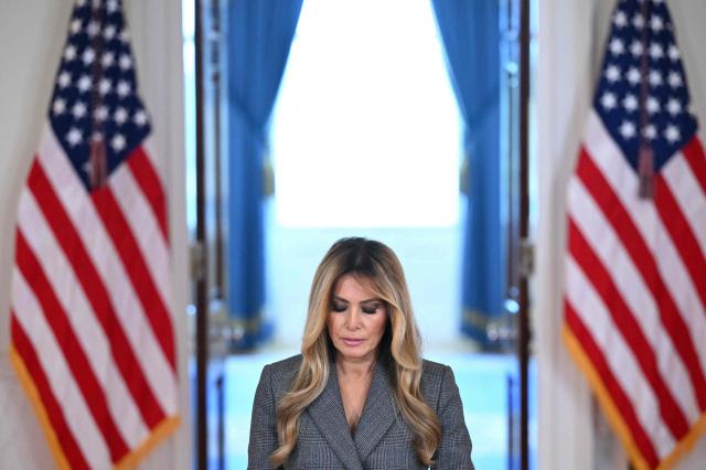 US First Lady Melania Trump speaks in the Cross Hall of the White House in Washington, DC, on April 9, 2026, denying any links to the late convicted sex offender Jeffrey Epstein and his abuse. (Photo by Mandel NGAN / AFP)