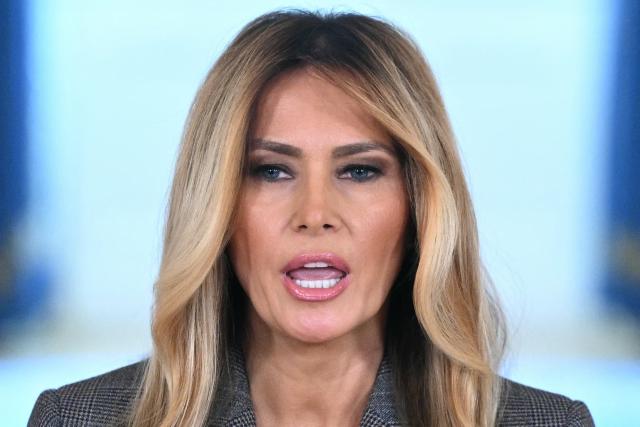 US First Lady Melania Trump speaks in the Cross Hall of the White House in Washington, DC, on April 9, 2026, denying any links to the late convicted sex offender Jeffrey Epstein and his abuse. (Photo by Mandel NGAN / AFP)