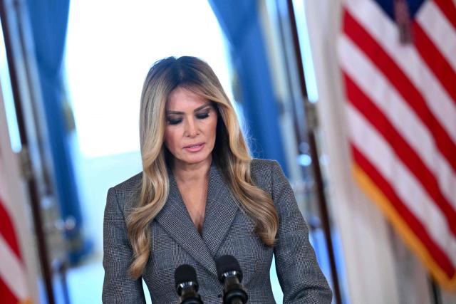 US First Lady Melania Trump speaks in the Cross Hall of the White House in Washington, DC, on April 9, 2026, denying any links to the late convicted sex offender Jeffrey Epstein and his abuse. (Photo by Mandel NGAN / AFP)