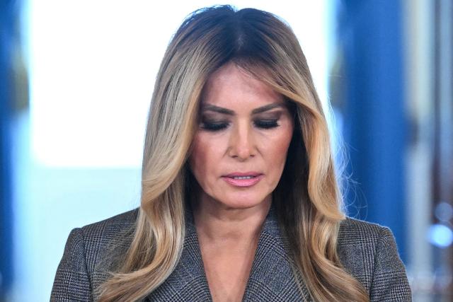 US First Lady Melania Trump speaks in the Cross Hall of the White House in Washington, DC, on April 9, 2026, denying any links to the late convicted sex offender Jeffrey Epstein and his abuse. (Photo by Mandel NGAN / AFP)