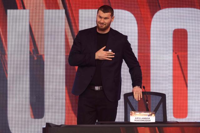 Russia's Arslanbek Makhmudov attends a press conference in central London on April 9, 2026, ahead of their heavyweight boxing match with Britain's two-time former world heavyweight champion Tyson Fury on April 11. (Photo by Toby Shepheard / AFP)