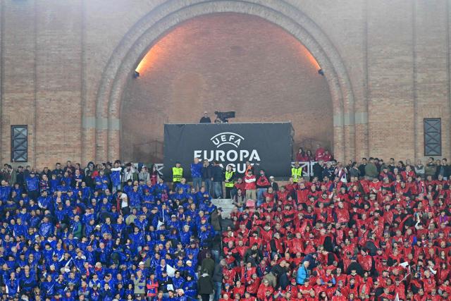Bologna's supporters during the UEFA Europa League quarter final first leg football match between Bologna and Aston Villa at the Renato Dall'Ara stadium in Bologna on April 9, 2026. (Photo by Stefano RELLANDINI / AFP)