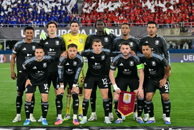 Aston Villa's team players pose before the UEFA Europa League quarter final first leg football match between Bologna and Aston Villa at the Renato Dall'Ara stadium in Bologna on April 9, 2026. (Photo by Stefano RELLANDINI / AFP)