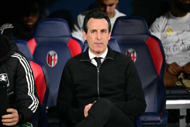 Aston Villa's Spanish manager Unai Emery looks on during the UEFA Europa League quarter final first leg football match between Bologna and Aston Villa at the Renato Dall'Ara stadium in Bologna on April 9, 2026. (Photo by Stefano RELLANDINI / AFP)