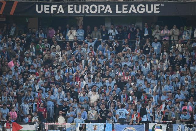 Fans of Celta Vigo attend the UEFA Europa League Quarter final First Leg football match between SC Freiburg and Celta Vigo in Freiburg, on April 9, 2026. (Photo by Silas STEIN / AFP)