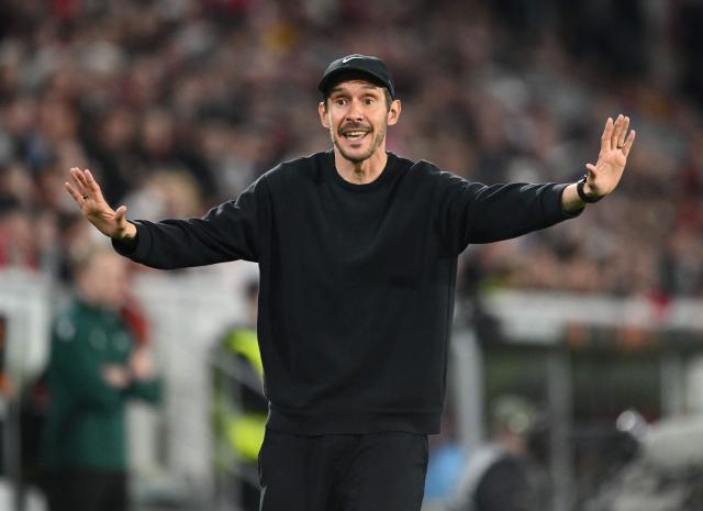 SC Freiburg's German coach Julian Schuster gestures during the UEFA Europa League Quarter final First Leg football match between SC Freiburg and Celta Vigo in Freiburg, on April 9, 2026. (Photo by Silas STEIN / AFP)