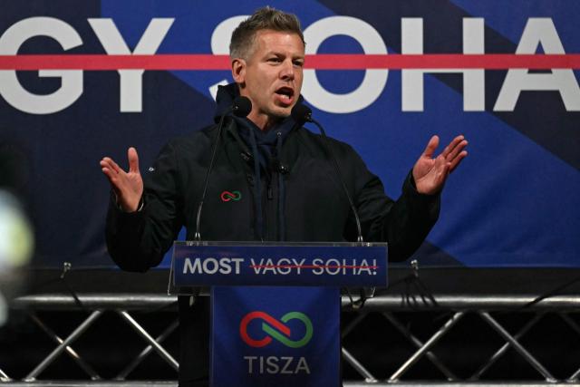 Hungarian opposition leader, head of the TISZA party and candidate for Hungarian Prime Minister Peter Magyar addresses supporters on April 9, 2026 at a campaign rally in Gyor, during his nationwide tour ahead of the April 12 election. (Photo by Attila KISBENEDEK / AFP)
