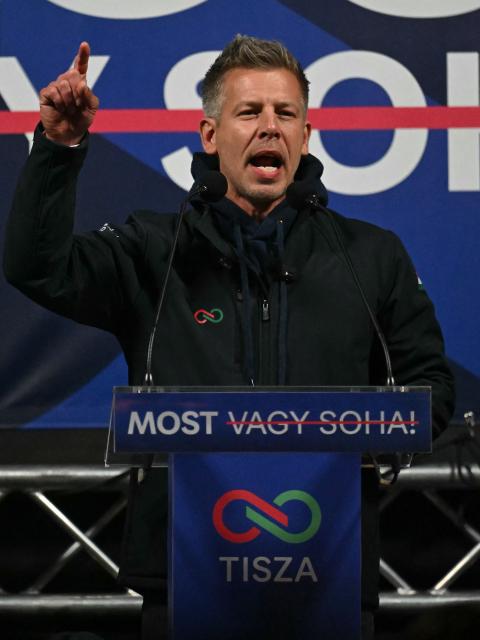Hungarian opposition leader, head of the TISZA party and candidate for Hungarian Prime Minister Peter Magyar addresses supporters on April 9, 2026 at a campaign rally in Gyor, during his nationwide tour ahead of the April 12 election. (Photo by Attila KISBENEDEK / AFP)