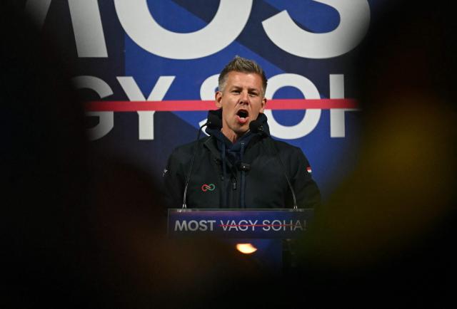 Hungarian opposition leader, head of the TISZA party and candidate for Hungarian Prime Minister Peter Magyar addresses supporters on April 9, 2026 at a campaign rally in Gyor, during his nationwide tour ahead of the April 12 election. (Photo by Attila KISBENEDEK / AFP)