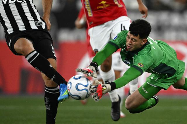 Botafogo's forward #19 Arthur Cabral shoots to score over Caracas' goalkeeper #01 Frankarlos Benitez during the Copa Sudamericana group stage football match between Brazil's Botafogo and Venezuela's Caracas FC at the Nilton Santos stadium in Rio de Janeiro, Brazil, on April 9, 2026. (Photo by MAURO PIMENTEL / AFP)