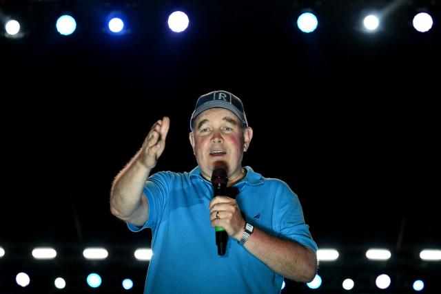 Peru's presidential candidate Rafael Lopez Aliaga, for the Renovacion Popular party, speaks to supporters during his closing campaign rally in Lima on April 9, 2026. Peru will hold presidential elections on April 12. (Photo by Luis ROBAYO / AFP)
