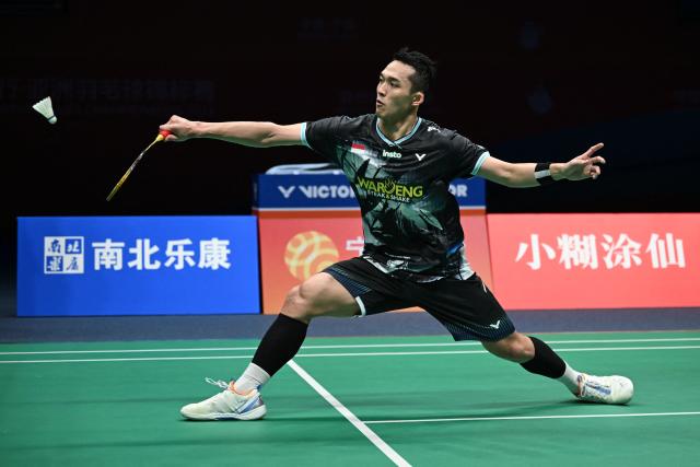 Indonesia's Jonatan Christie hits a return to India's Ayush Shetty during their men's singles quarter final match at the Badminton Asia Championship in Ningbo, eastern China's Zhejiang province on April 10, 2026. (Photo by CN-STR / AFP) / China OUT