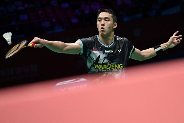 Indonesia's Jonatan Christie hits a return to India's Ayush Shetty during their men's singles quarter final match at the Badminton Asia Championship in Ningbo, eastern China's Zhejiang province on April 10, 2026. (Photo by CN-STR / AFP) / China OUT