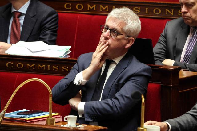 Horizons & Independants' MP Frederic Valletoux looks on during a debate at the National Assembly, French Parliament lower house, to discuss a proposed low aiming to authorise the work of employees of certain businesses on May 1st, in Paris on April 10, 2026. (Photo by Ludovic MARIN / AFP)