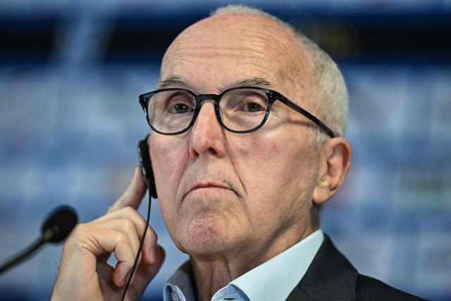 Marseille's US owner Frank McCourt attends a press conference at the Velodrome Stadium in Marseille, southeastern France, on April 10, 2026. Appointed president of Olympique de Marseille on April 10, 2026, Stephane Richard is a senior executive who has worked in ministerial offices and served as CEO of the telecommunications group Orange for over 10 years, and who has some ties to Marseille. (Photo by Gabriel BOUYS / AFP)
