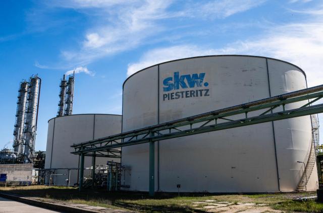 A photo shows water containers at the SKW Piesteritz agro-chemical plant in Piesteritz near Wittenberg, northern Germany, on April 9, 2026. SKW Piesteritz is Germany’s largest producer of ammonia and urea with an annual output of over four million tonnes, manufacturing both a wide range of industrial chemicals and agrochemical products. (Photo by John MACDOUGALL / AFP)