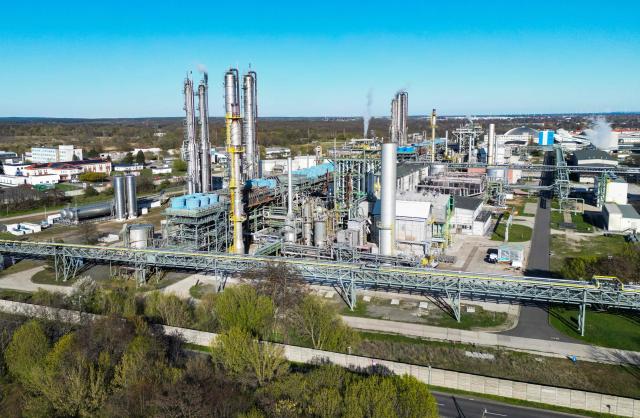 An aerial view shows the SKW Piesteritz agro-chemical plant in Piesteritz near Wittenberg, northern Germany, on April 9, 2026. SKW Piesteritz is Germany’s largest producer of ammonia and urea with an annual output of over four million tonnes, manufacturing both a wide range of industrial chemicals and agrochemical products. (Photo by John MACDOUGALL / AFP)