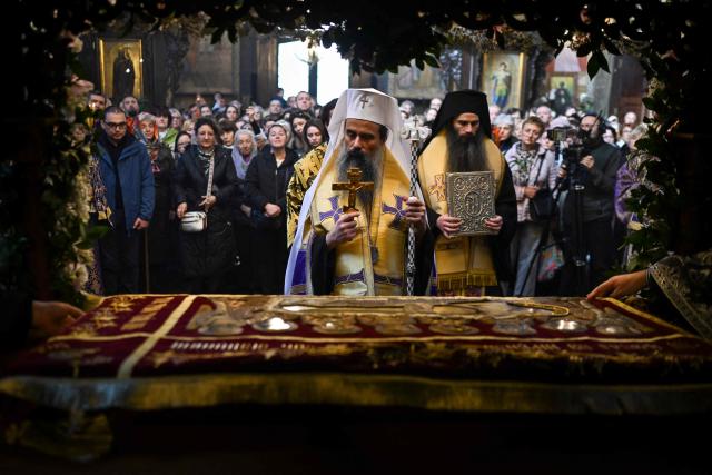 Bulgaria's Orthodox Church Patriarch Daniil (C) leads the Good Friday service in St Nedelya Church in Sofia on April 10, 2026. (Photo by Nikolay DOYCHINOV / AFP)
