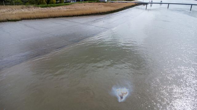This photograph shows Oil stains on the water surface at the entrance of Europe's second-largest port of Antwerp, northern Belgium, where shipping is largely halted following an oil spill at one of its docks, on April 10, 2026. A port statement said the spill occurred during a "bunkering operation", the process of filling a ship with fuel, in the Deurganck Dock and was "causing significant disruption" to shipping. Deurganck is one of the port's most important container docks, used by some of the largest ships in the world to load and unload goods. (Photo by JONAS ROOSENS / AFP)
