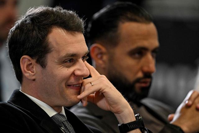 Marseille's French interim President Alban Juster (L) and Marseille's football director Medhi Benatia attend Marseille's US owner's press conference at the Velodrome Stadium in Marseille, southeastern France, on April 10, 2026. (Photo by Gabriel BOUYS / AFP)