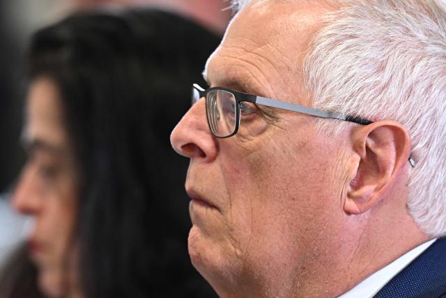 Sheherazade Semsar-de Boisseson, CEO of McCourt Global and Jeff Ingram, Vice Chair of McCourt Global, attend Marseille's US owner's press conference at the Velodrome Stadium in Marseille, southeastern France, on April 10, 2026. (Photo by Gabriel BOUYS / AFP)