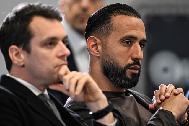 Marseille's French interim President Alban Juster (L) and Marseille's football director Medhi Benatia attend Marseille's US owner's press conference at the Velodrome Stadium in Marseille, southeastern France, on April 10, 2026. (Photo by Gabriel BOUYS / AFP)