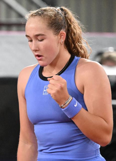 Mirra Andreeva reacts during her match against Romania's Sorana Cirstea (not pictured) on the day 5 of the women's singles match of the WTA-Upper Austria Ladies Linz tennis tournament in Linz, Austria, on April 10, 2026. (Photo by BARBARA GINDL / APA / AFP) / Austria OUT