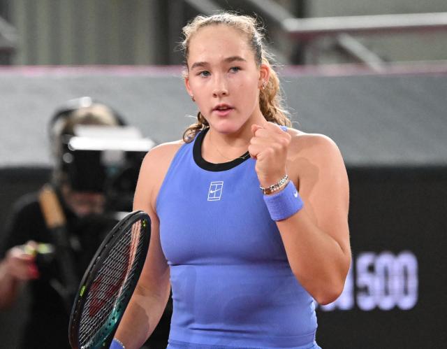 Mirra Andreeva reacts during her match against Romania's Sorana Cirstea (not pictured) on the day 5 of the women's singles match of the WTA-Upper Austria Ladies Linz tennis tournament in Linz, Austria, on April 10, 2026. (Photo by BARBARA GINDL / APA / AFP) / Austria OUT