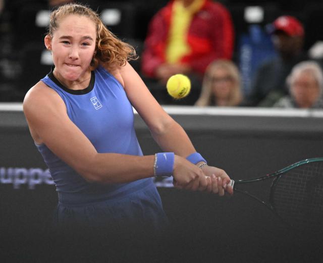 Mirra Andreeva returns the ball during her match against Romania's Sorana Cirstea (not pictured) on the day 5 of the women's singles match of the WTA-Upper Austria Ladies Linz tennis tournament in Linz, Austria, on April 10, 2026. (Photo by BARBARA GINDL / APA / AFP) / Austria OUT