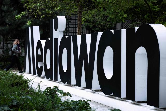 A photo shows the company logo at the entrance of French audiovisual group Mediawan in Paris on April 10, 2026. (Photo by JOEL SAGET / AFP)