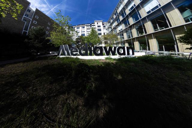 A photo shows the company logo at the entrance of French audiovisual group Mediawan in Paris on April 10, 2026. (Photo by JOEL SAGET / AFP)