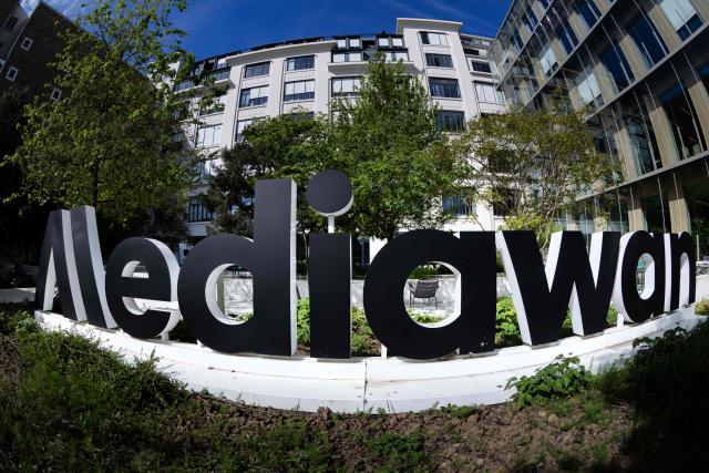 A photo shows the company logo at the entrance of French audiovisual group Mediawan in Paris on April 10, 2026. (Photo by JOEL SAGET / AFP)