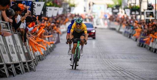 Team Decathlon CMA CGM's French rider Paul Seixas sprints to the finish line to win the fifth stage of the Basque Country's Itzulia cycling tour, a 176.2 km race starting and finishing in Eibar, on April 10, 2026. (Photo by ANDER GILLENEA / AFP)