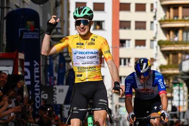 Team Decathlon CMA CGM's French rider Paul Seixas celebrates winning the fifth stage of the Basque Country's Itzulia cycling tour, a 176.2 km race starting and finishing in Eibar, on April 10, 2026. (Photo by ANDER GILLENEA / AFP)