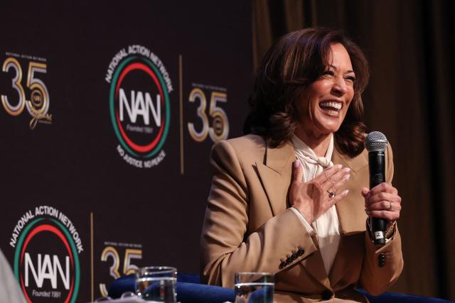 Former US Vice President Kamala Harris speaks at the National Action Network (NAN) convention in New York on April 10, 2026. (Photo by TIMOTHY A. CLARY / AFP)
