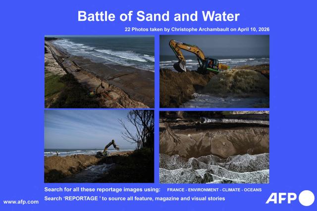 AFP presents a visual story of 22 pictures by Christophe Archambault taken on April 10, 2026 of a resanding operation where sand collected from the sea bottom at the mouth of the Gironde estuary is brought through a pipe and spread on the beach to combat coastal erosion, in Soulac-sur-Mer, south-western France. Search for all these reportage images using: FRANCE-ENVIORONMENT-CLIMATE-OCEANS
Search "REPORTAGE" to source all feature, magazine and visual stories (Photo by Christophe ARCHAMBAULT / AFP)