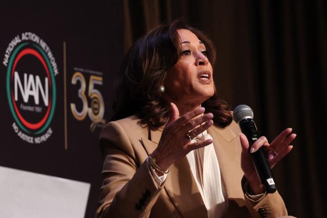 Former US Vice President Kamala Harris speaks at the National Action Network (NAN) convention in New York on April 10, 2026. (Photo by TIMOTHY A. CLARY / AFP)